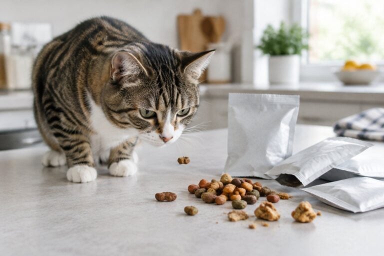 A cat cautiously sniffs a pile of unappealing treats on a kitchen counter.