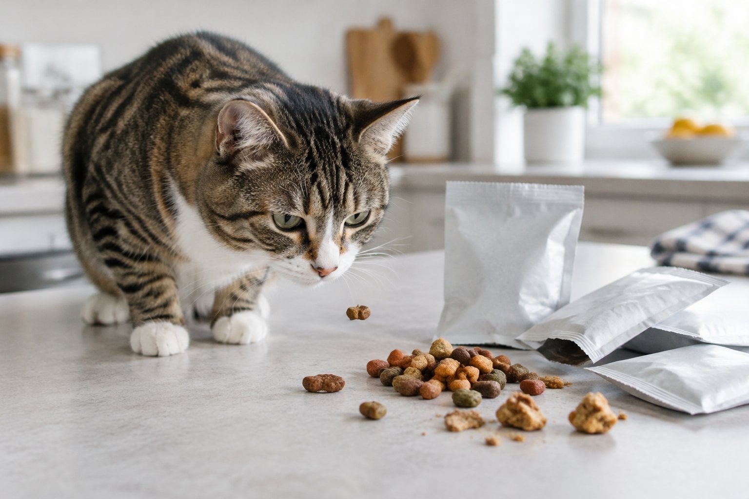 A cat cautiously sniffs a pile of unappealing treats on a kitchen counter.